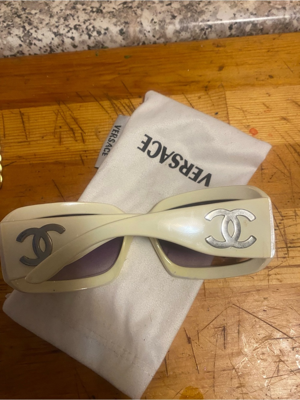 CHANEL Cream Sunglasses with Silver CC Logos